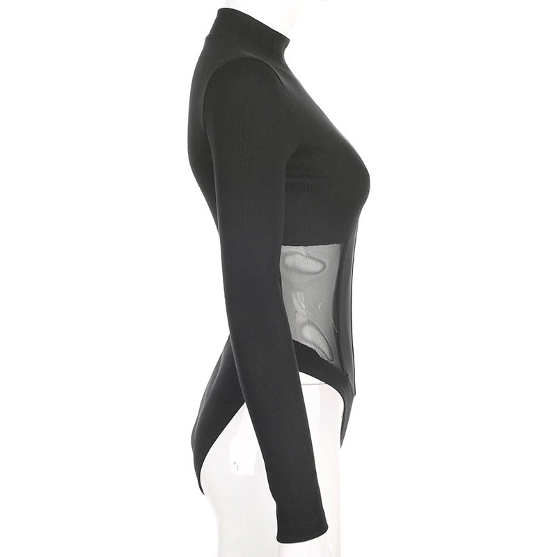 Side view of a black mesh patchwork long sleeve bodysuit showcasing a stylish and sexy see-through design.