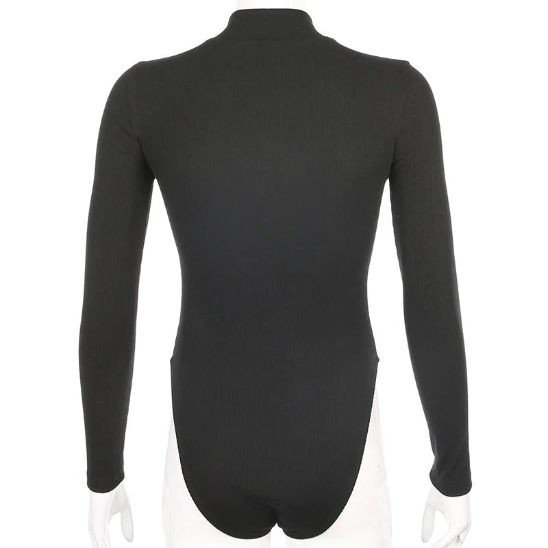 Back view of a women's mesh patchwork skinny long-sleeve bodysuit in black, showcasing a sleek and modern design.