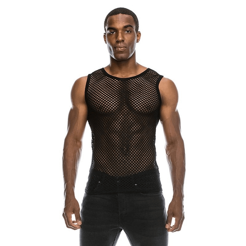 Stylish black mesh see-through tank top for men, perfect for sporty and casual wear, showcasing a fitted look.