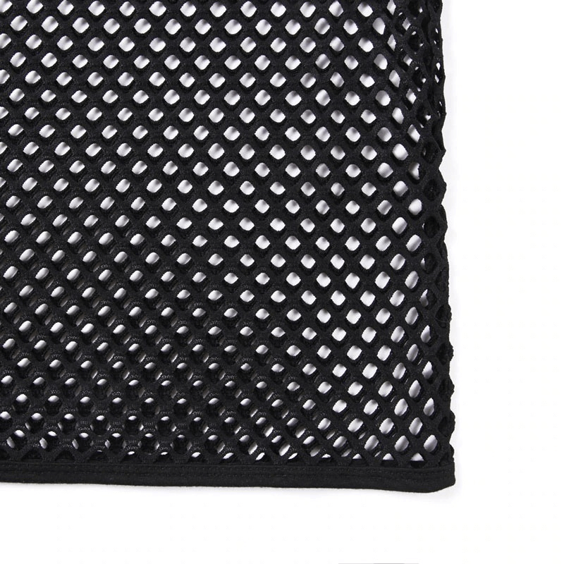 Close-up of black mesh fishnet fabric ideal for sporty men's tank tops, breathable and stylish for active wear.
