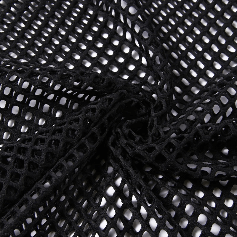 Close-up of black mesh fabric showcasing breathable fishnet design for men's sporty tops.