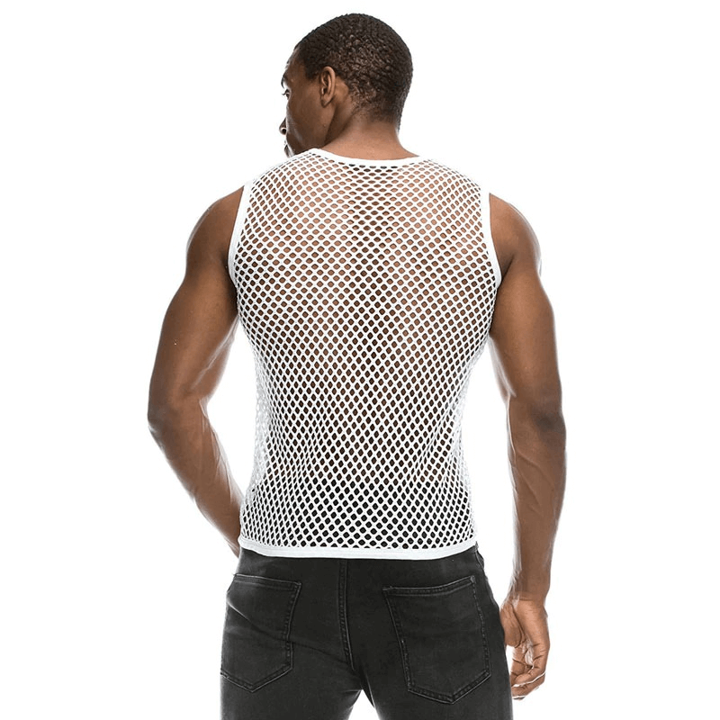 Men's sporty mesh see-through fishnet tank top in white, showcasing a fitted sleeveless design for active wear.