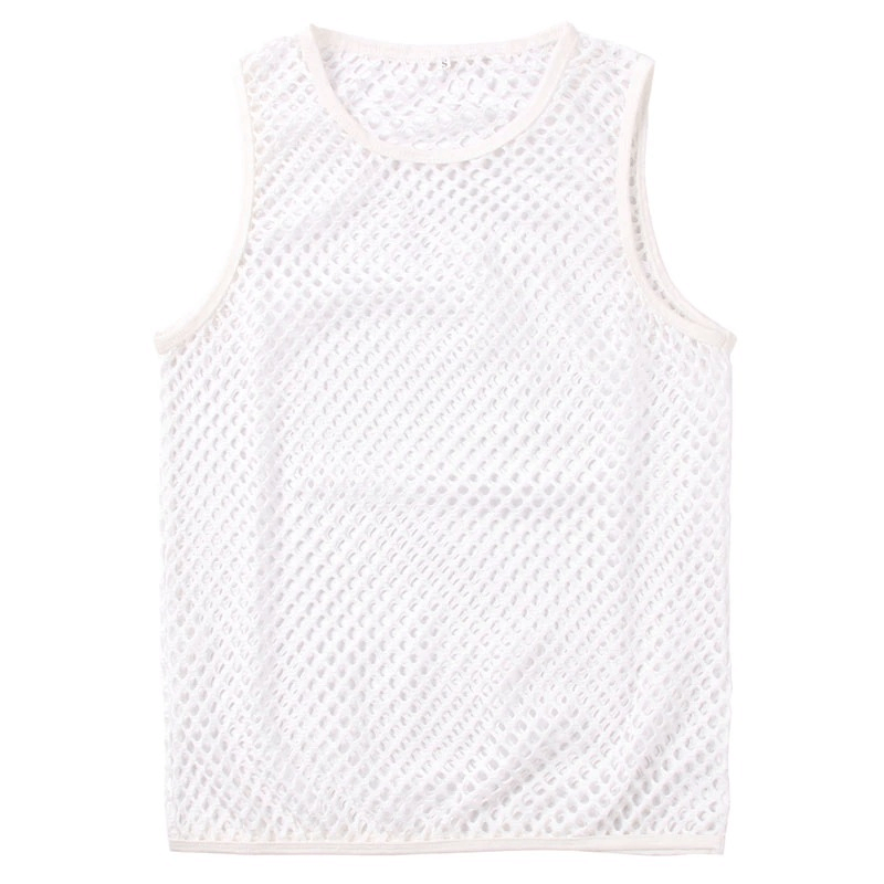 White mesh see-through tank top for men, perfect for sports and breathable comfort.