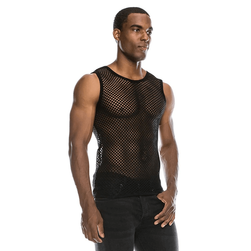 Stylish black mesh tank top for men, perfect for sports and casual wear, showcasing a fitted design and breathable fabric.