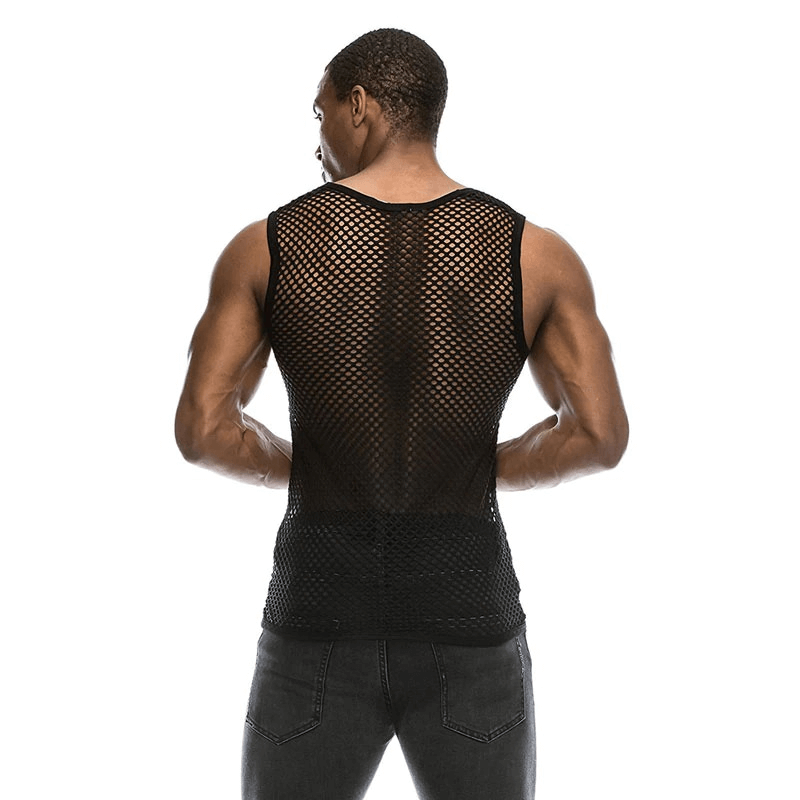 Stylish black mesh see-through fishnet tank top for men, showcasing a fitted and sporty design.