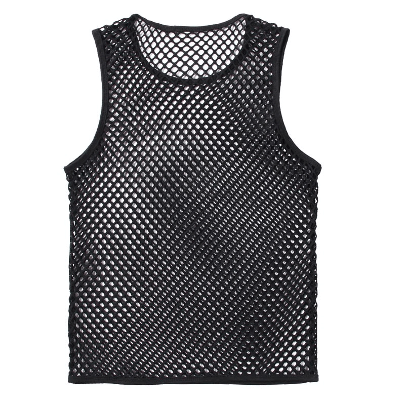 Black mesh fishnet tank top for men, perfect for sports, offering breathable comfort and a modern fitted style.