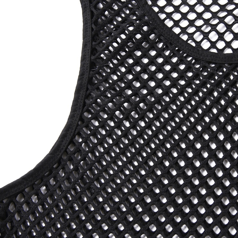 Close-up of black mesh see-through fishnet tank top for men, perfect for sporty and sexy looks.