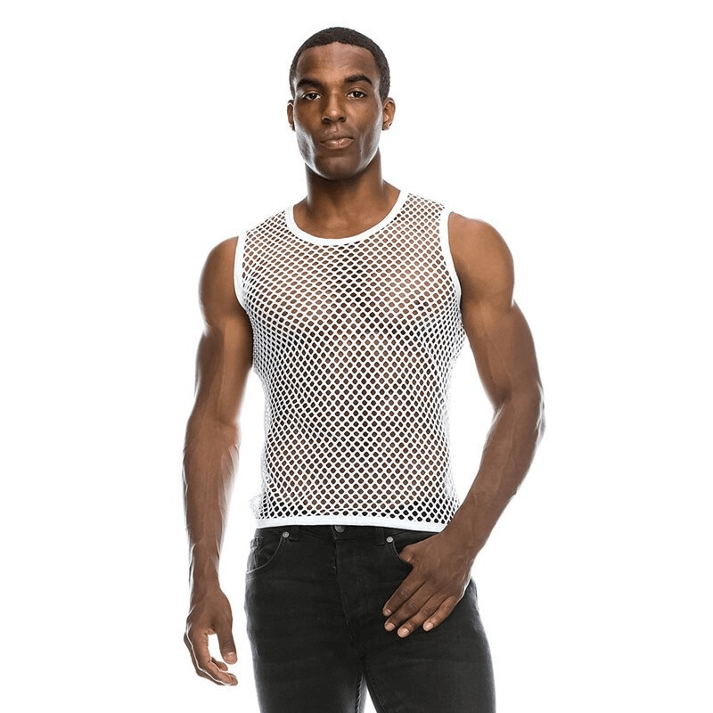 Stylish man modeling a white mesh see-through tank top, perfect for sports and a modern casual look.