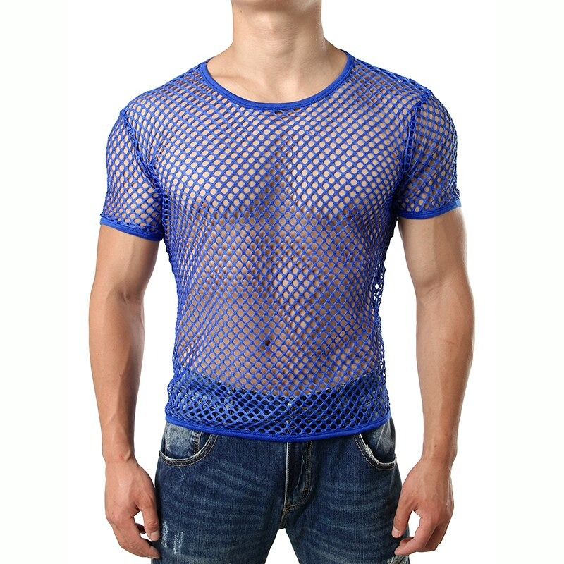 Men's Fishnet Shirts Mesh Crop Top See Through Round Neck Short Sleeve Sexy  Muscle Tee