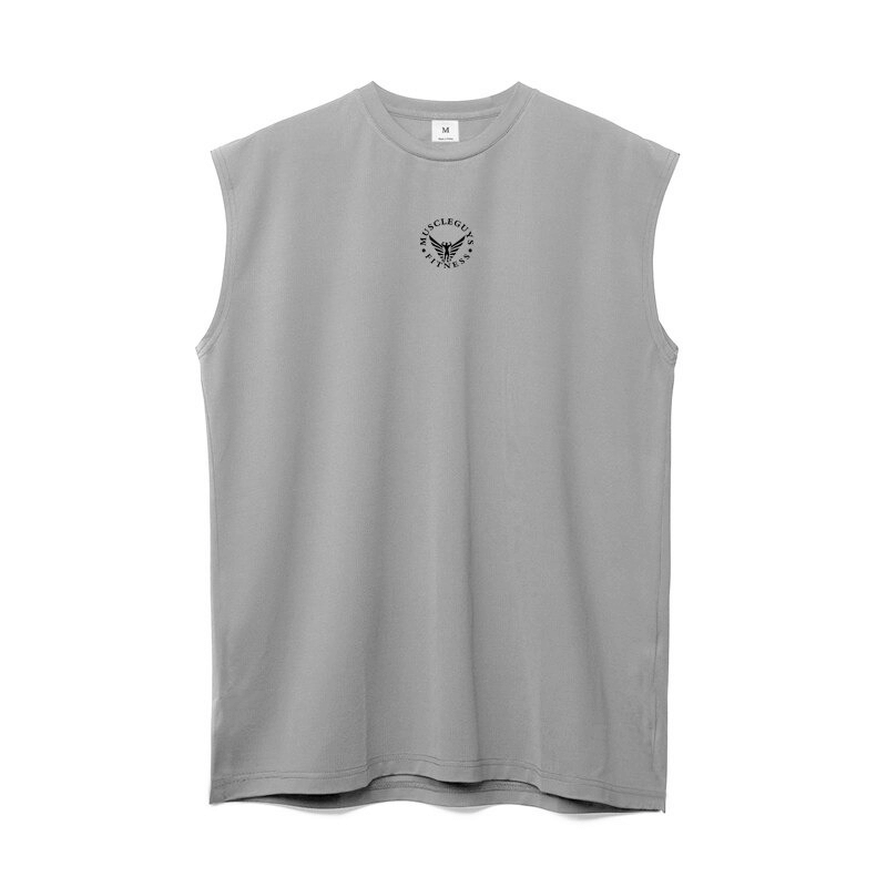 Men's gray mesh tank top, sleeveless bodybuilding t-shirt for fitness enthusiasts, stylish and comfortable workout wear.
