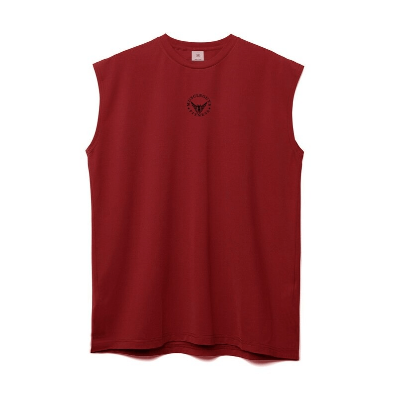 Red mesh tank top for men, sleeveless bodybuilding shirt, perfect for fitness workouts and stylish athletic wear.