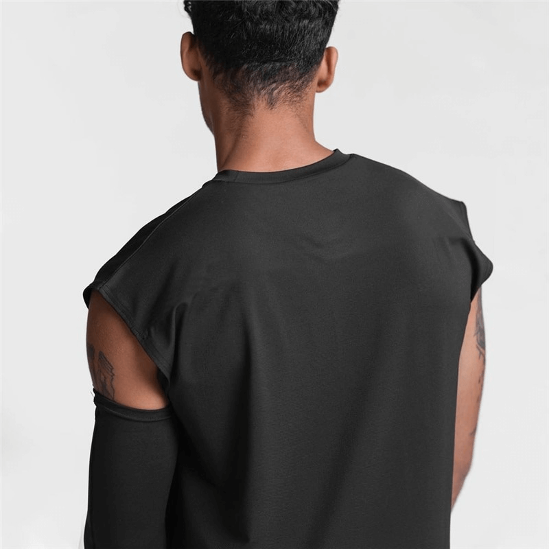 Back view of a men's black mesh tank top, showcasing comfortable fit and stylish design for fitness enthusiasts.