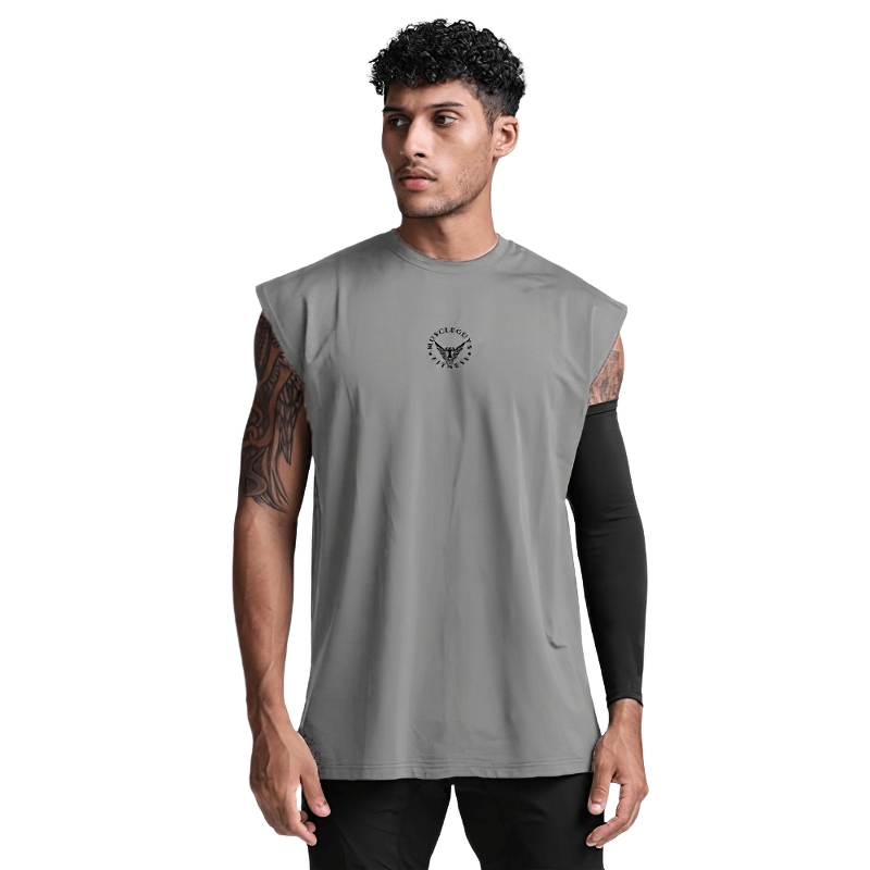 Men's mesh tank top in gray for fitness, showcasing modern design and comfort for bodybuilding workouts.