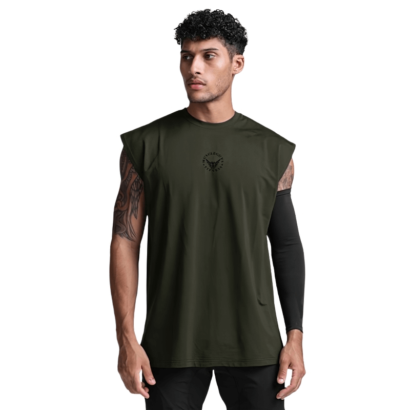 Men's mesh tank top in dark green, showcasing modern fit for fitness and bodybuilding enthusiasts.