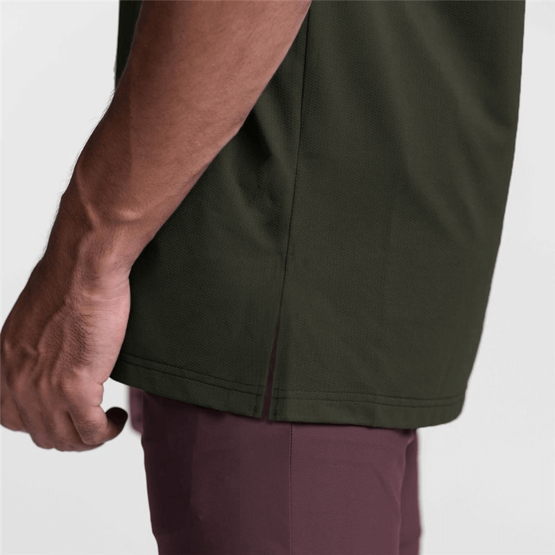 Side view of men's mesh tank top showcasing quality fabric and modern design, perfect for fitness enthusiasts.