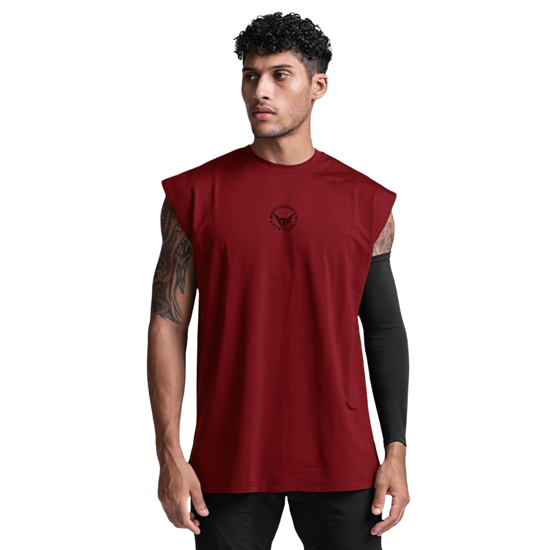 Men's maroon mesh tank top, perfect for fitness and bodybuilding, showcasing a modern sleeveless design.