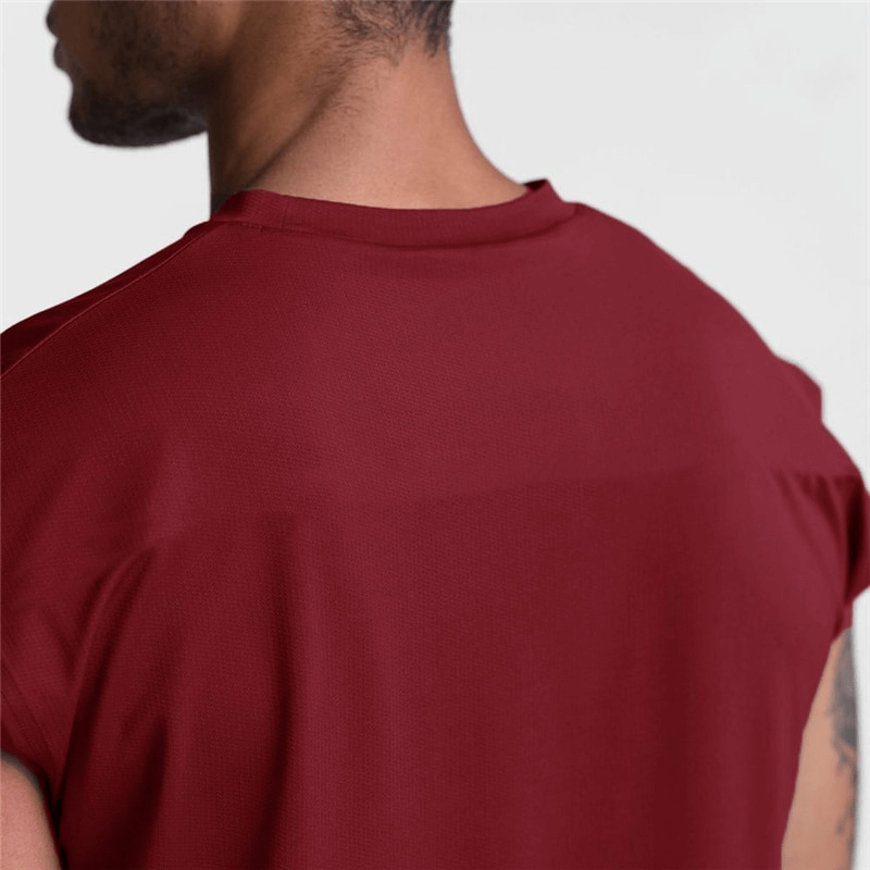 Men's mesh tank top in cherry red, showcasing a modern sleeveless design for fitness enthusiasts.