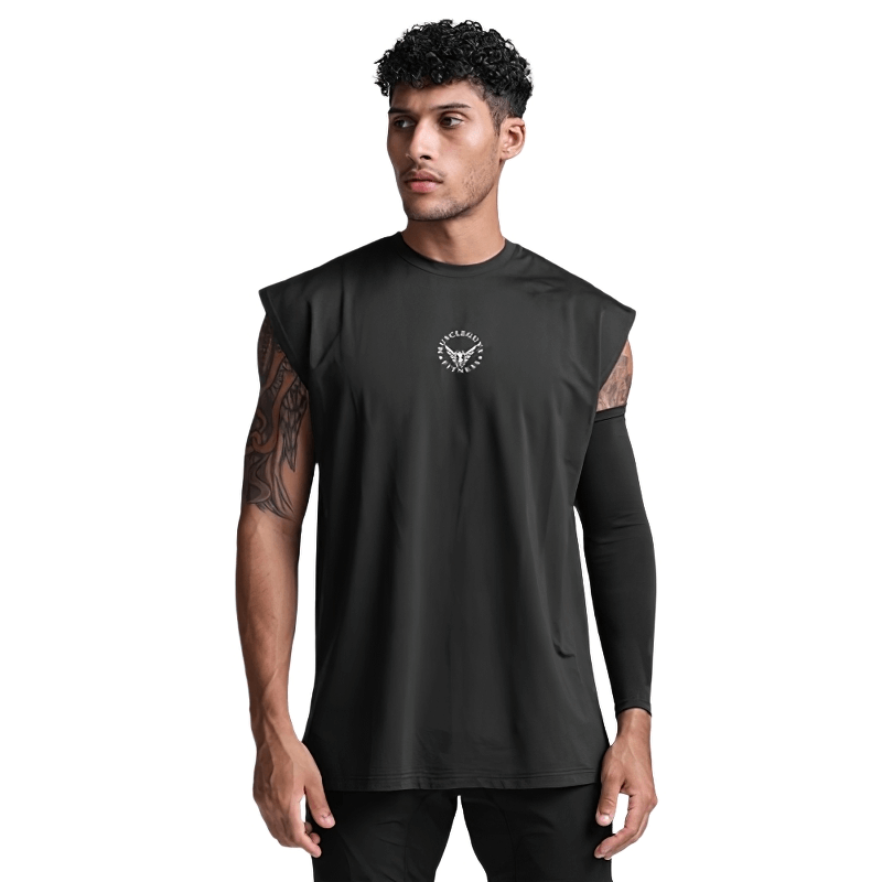 Men's black mesh tank top with modern design, perfect for bodybuilding and fitness activities.