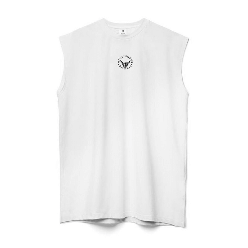 Men's white mesh tank top, sleeveless for fitness and bodybuilding, modern design for comfort and style.