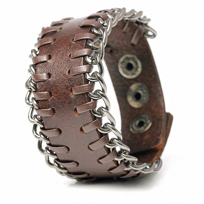 Metal Chain & Genuine Leather Bracelet For Women & Men / Alternative Gifts Charm Bangle Bracelets - HARD'N'HEAVY