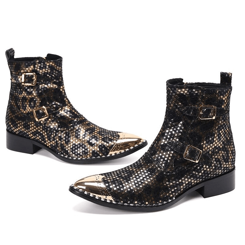 Stylish men's metal pointed toe ankle boots featuring black leopard print and gold buckles for a fashionable look.