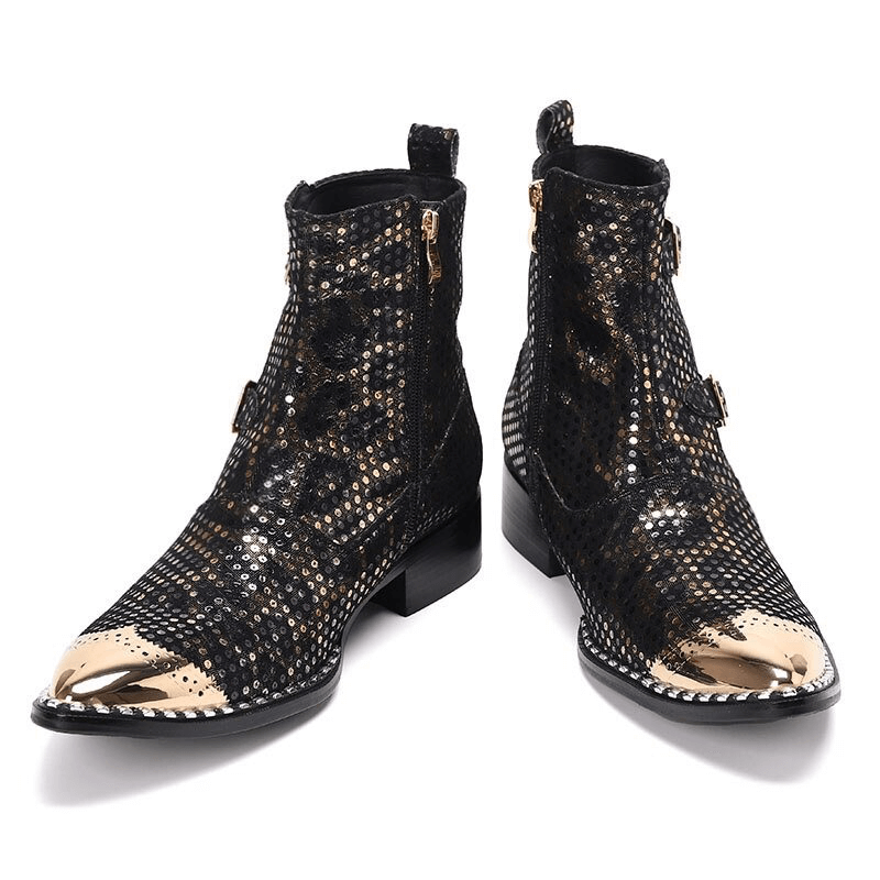 Stylish men's flat ankle boots with gold accents and sparkly black design, perfect for casual outfits.