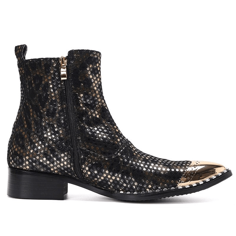 Stylish men's black and gold pointed toe ankle boots with leopard print and zippers for casual fashion.