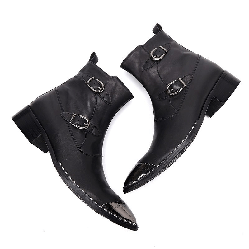 Metal Pointed Toe Working Shoes / Fashion Buckles Flat Boots for Men / Real Leather Ankle Boots
