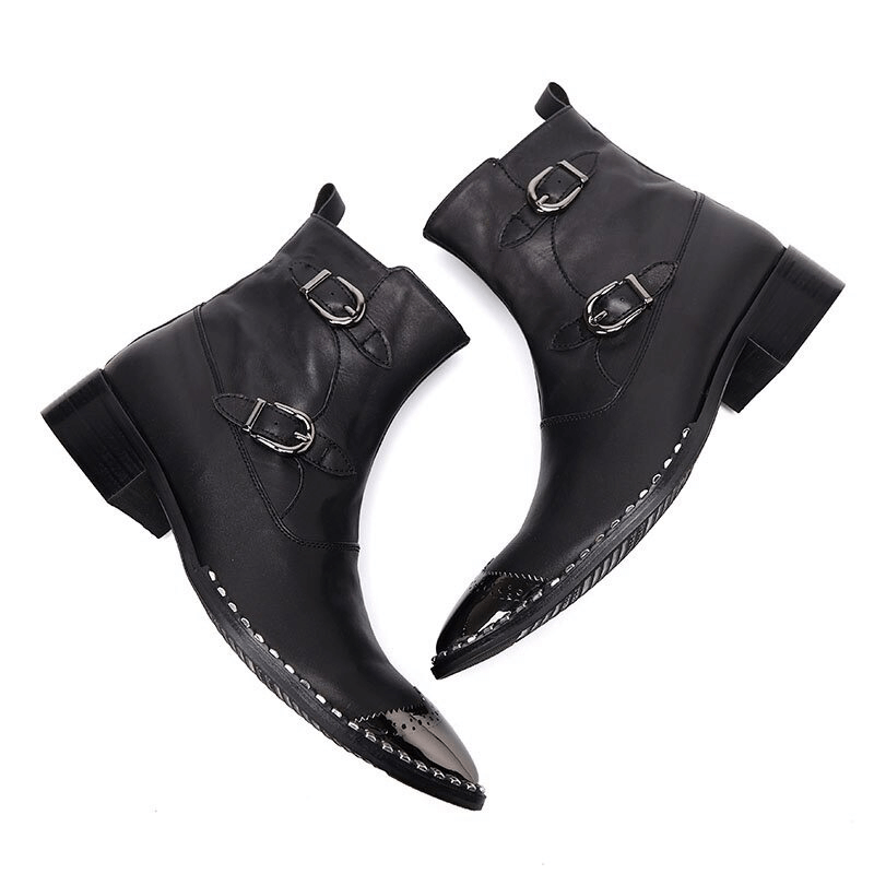 Stylish men's metal pointed toe ankle boots with fashion buckles in black leather, perfect for casual wear.