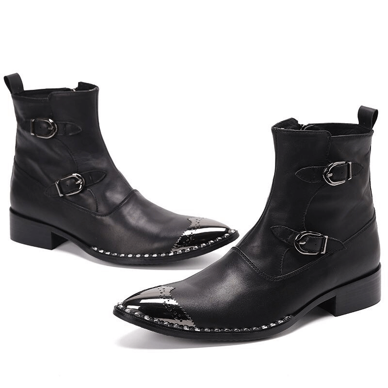 Metal pointed toe leather ankle boots for men with stylish buckles and flat soles, perfect for casual wear.