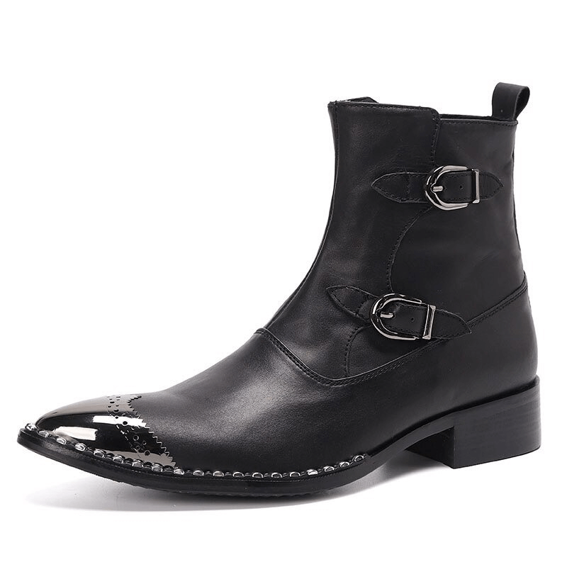 Men's black leather ankle boots with pointed toe and double buckles. Stylish flat boots for casual wear.