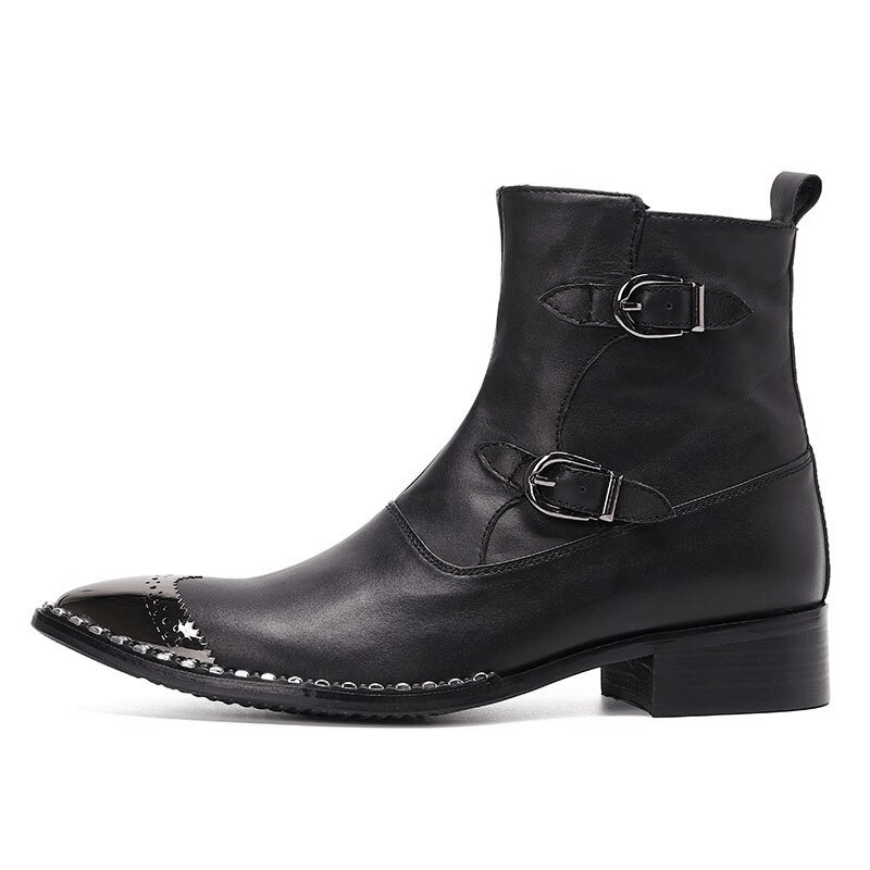 Stylish men's black pointed toe ankle boots with buckles and flat sole, perfect for casual wear.