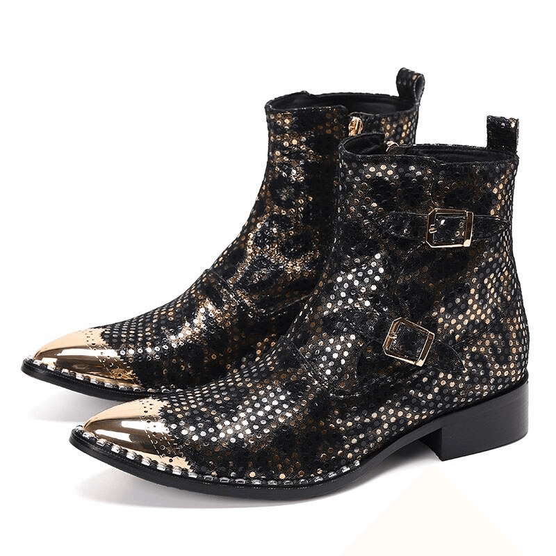 Stylish men's metal pointed toe ankle boots featuring shiny buckles and a chic design, perfect for casual wear.