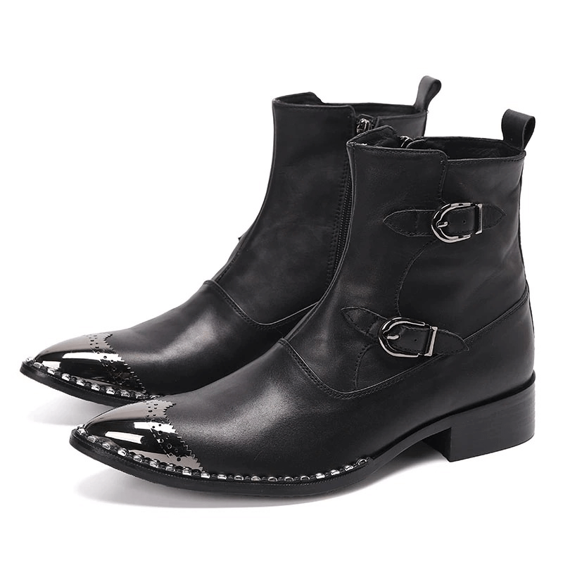 Men's black leather pointed toe ankle boots with buckles and flat soles, perfect for casual style.
