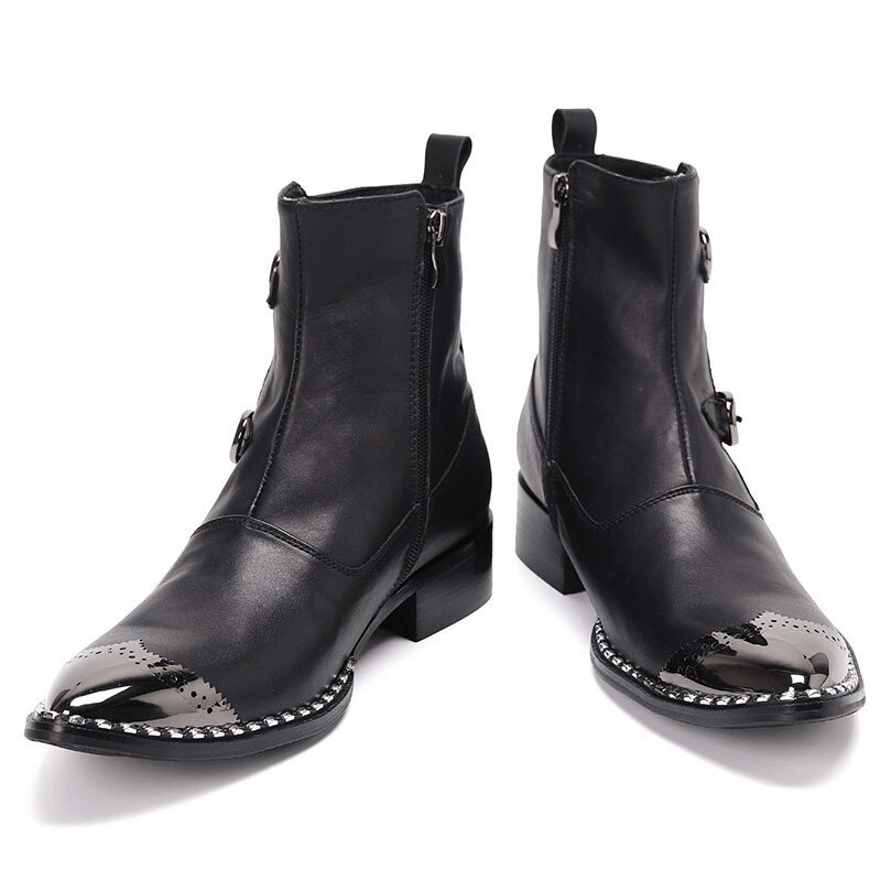 Metal Pointed Toe Working Shoes / Fashion Buckles Flat Boots for Men / Real Leather Ankle Boots