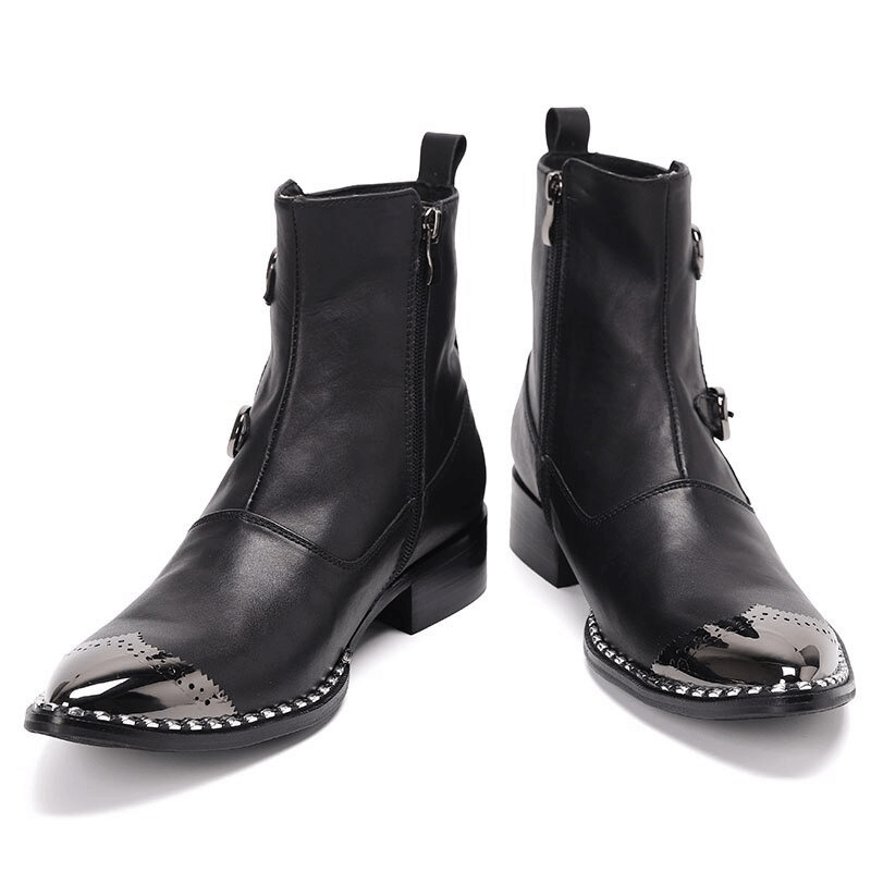 Black leather pointed toe ankle boots with stylish buckles and flat soles for men.
