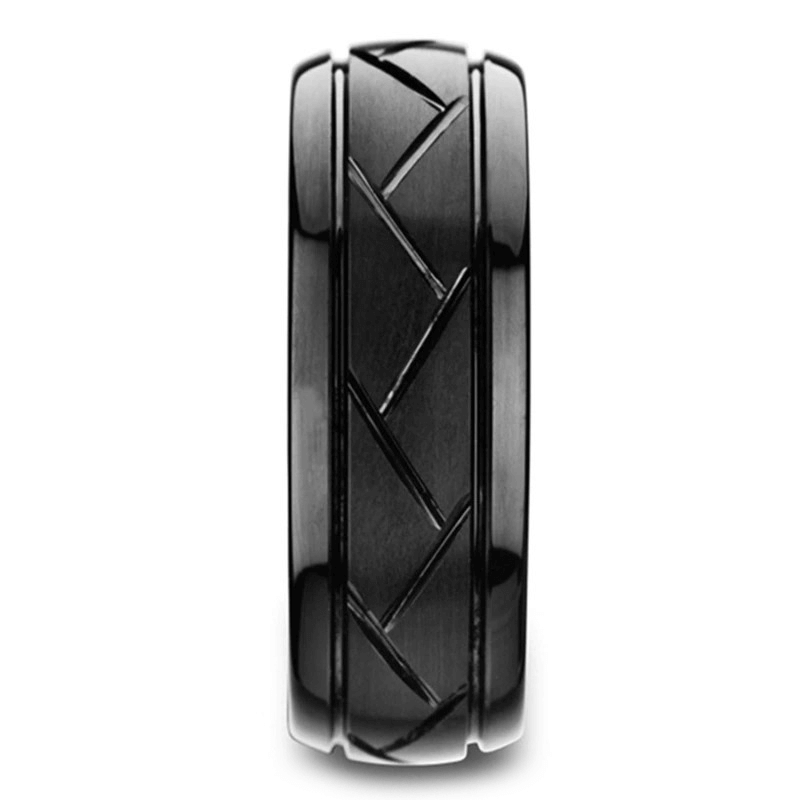 Unisex black metal ring featuring a stylish zigzag pattern, perfect for cool retro jewelry lovers.