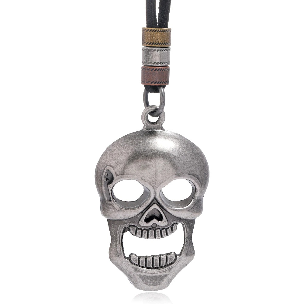 Metal Skull Pendant Necklace for Men and Women / Vintage Adjustable Genuine Leather Necklaces - HARD'N'HEAVY