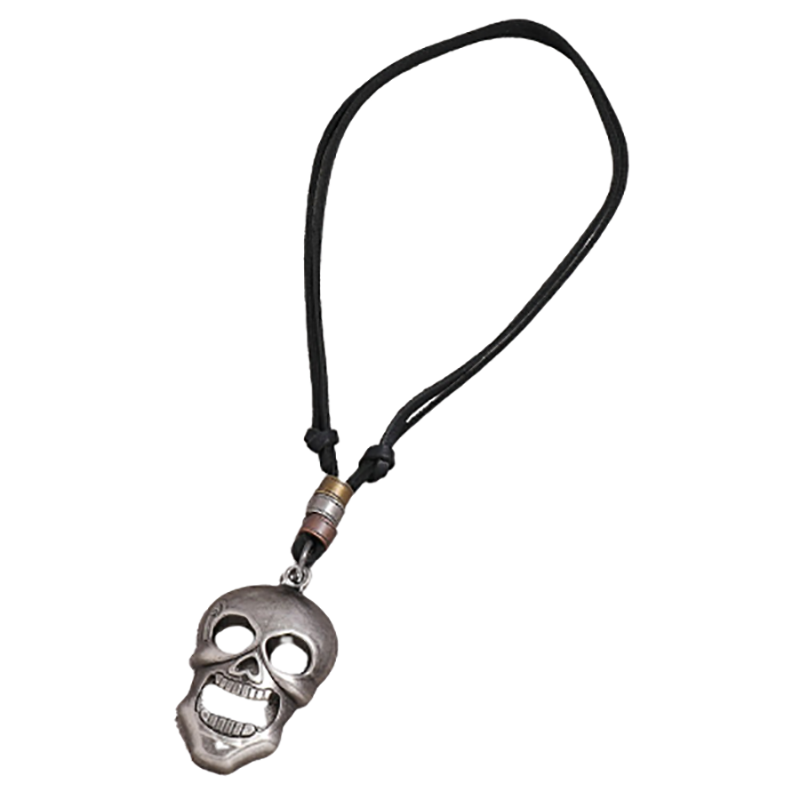Gothic style metal skull pendant necklace on leather cord, unisex jewelry for men and women.