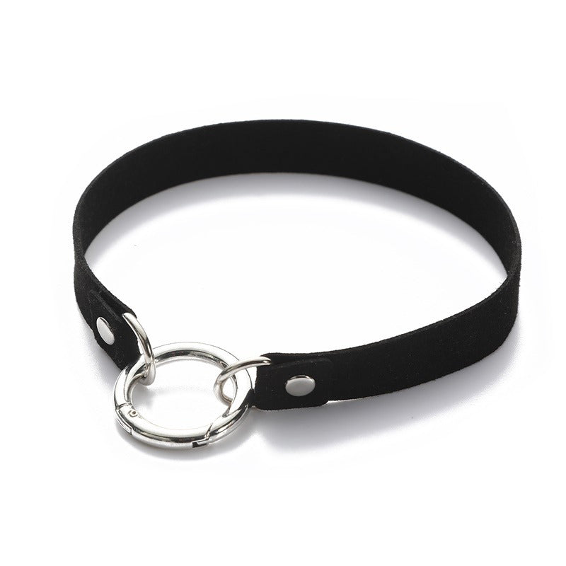 Metallic lock choker collar with black suede band and silver ring, perfect for rock and goth outfits.