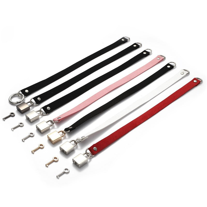 Colorful unisex metallic lock choker necklace straps on display, perfect for rock and goth outfits.