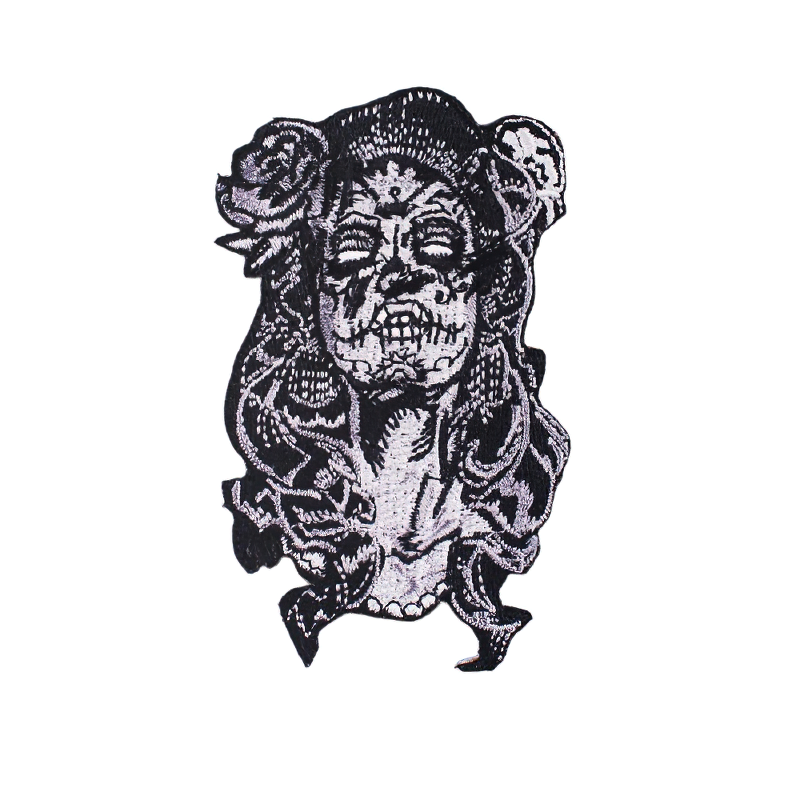 Gothic style embroidered patch featuring a Day of the Dead skull design with roses, perfect for clothing decoration.