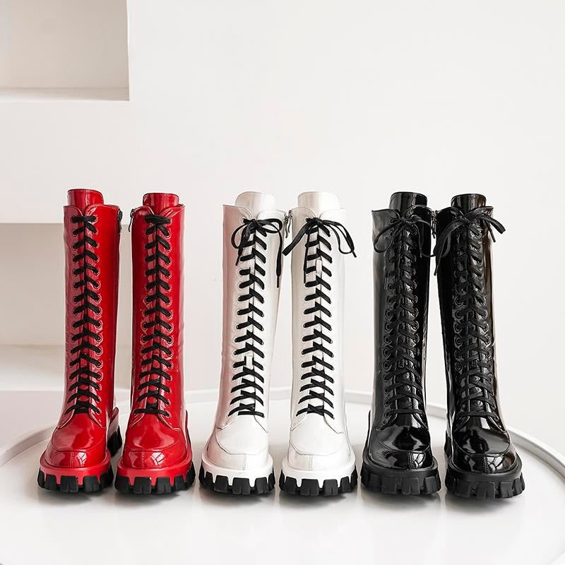 Microfiber Womens Boots / Lace-Up Round Toe Platform Knee High Boots / Solid Color Female Shoes - HARD'N'HEAVY