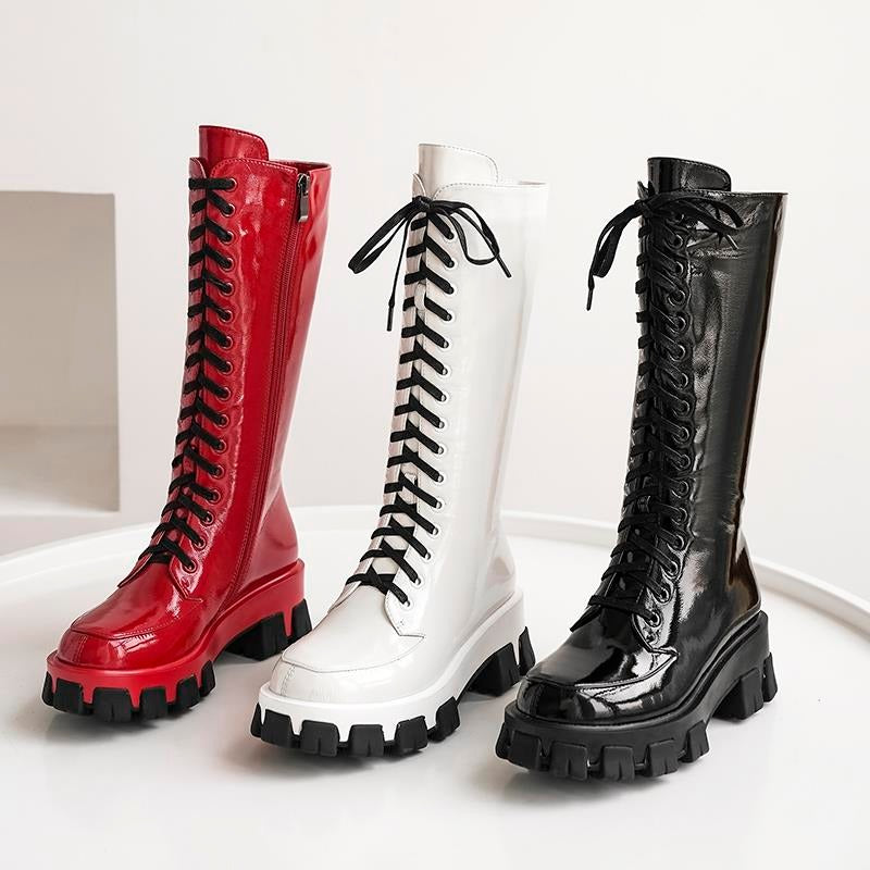 Microfiber Womens Boots / Lace-Up Round Toe Platform Knee High Boots / Solid Color Female Shoes - HARD'N'HEAVY