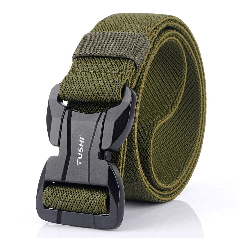 Men's military green elastic belt with a sleek magnetic buckle for quick release and casual style.