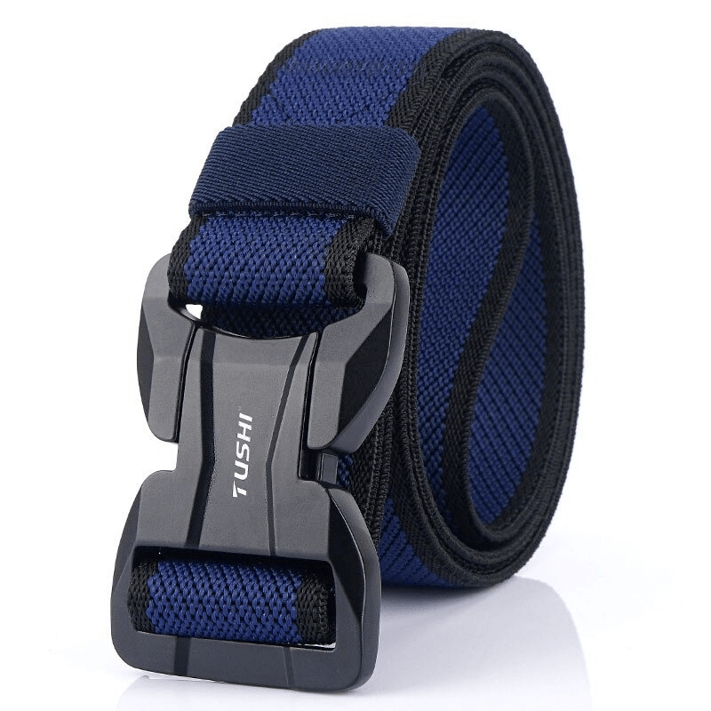 Men's elastic military belt in blue with a black magnetic buckle for quick release and comfort.