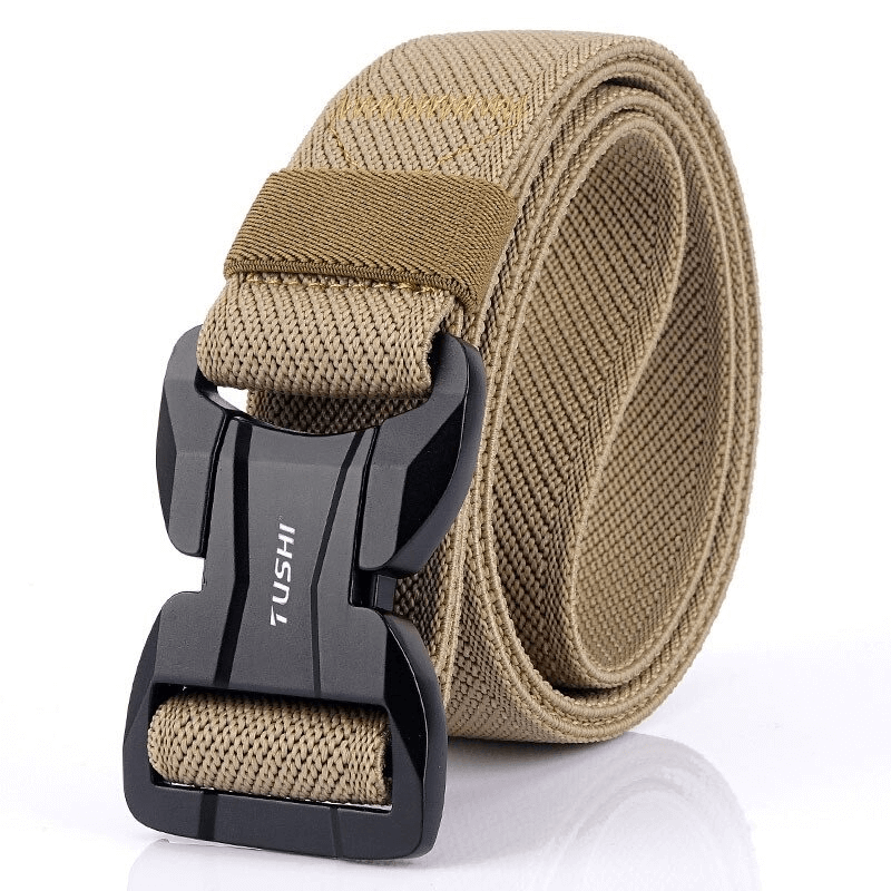 Men's military elastic belt with quick-release magnetic buckle in beige color.