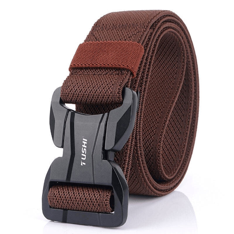 Men's brown elastic belt with a black magnetic buckle, perfect for casual wear and quick release.