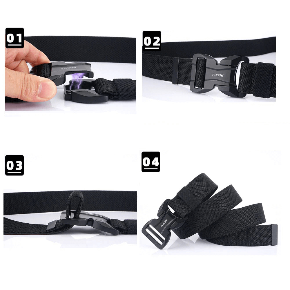 Men's elastic belt with magnetic buckle, featuring a quick release mechanism, showcased in four steps of use.