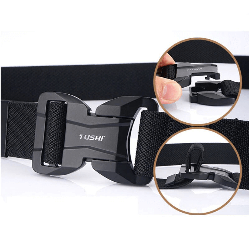Men's elastic belt with a magnetic buckle, showcasing easy quick release and comfortable design in black.